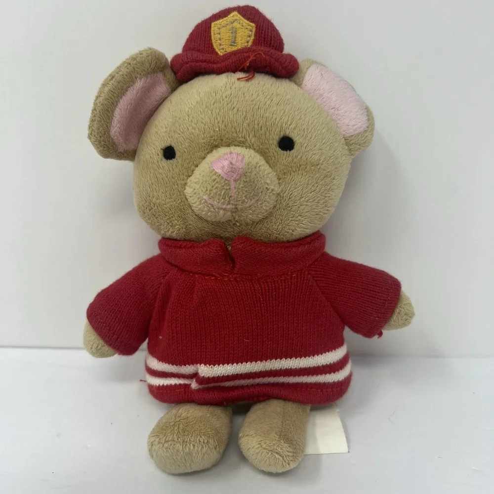 Gymboree Fireman Mouse Plush One Size Tan Red Rattle Stuffed Animal Lovey Toy
